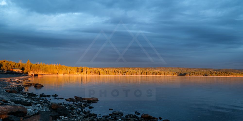 The far coast of a lake, lined with evergreen trees, lit up by the rising sun, and an overcast sky in the background 