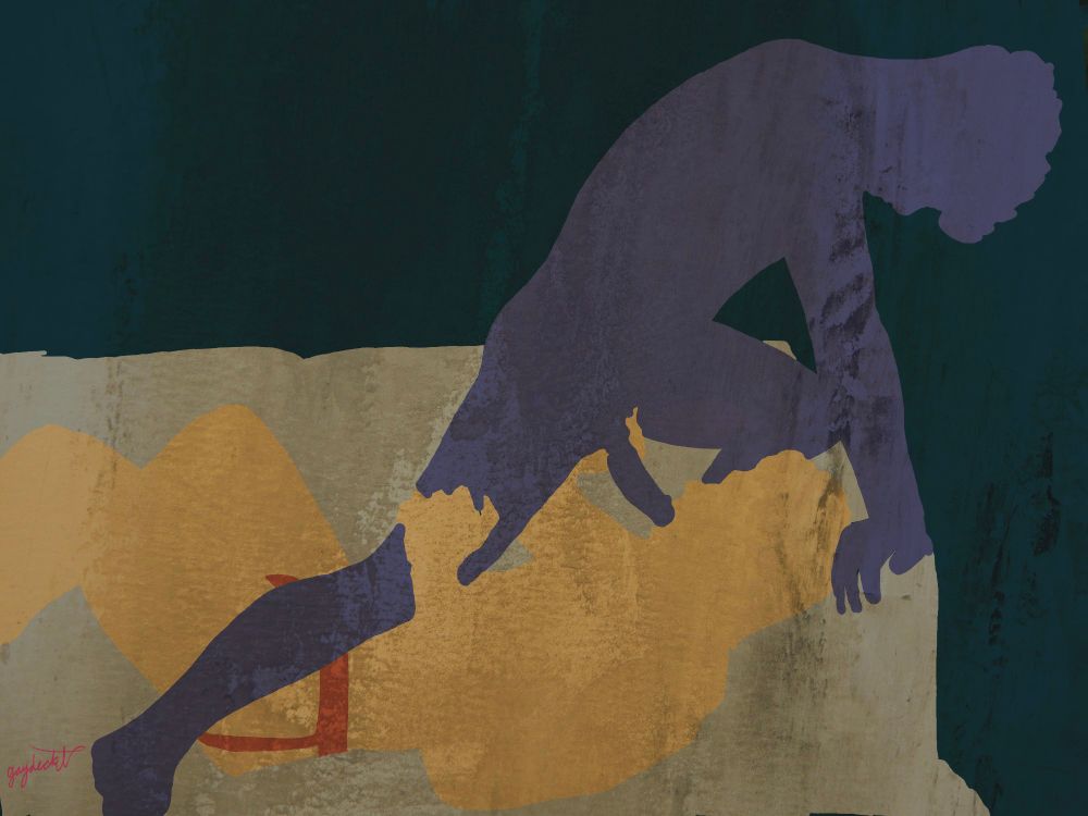 Digital painting of the silhouettes of two men having sex. The bottom, a yellowish-orange silhouette, is laying on the couch wearing a red jockstrap. The top, a purplishh-grey silhouette, is sticking his cock into the bottom's mouth using the couch's armrest as support for his body. 