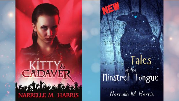 Promotional image showing the cover of Kitty & Cadaver (red background with a headshot of a young, dark-haired woman. Below her, zombie hands are reaching up like a concert crowd in front of a live band) on the left. On the right is the cover of  the new book, Tales of the Minstrel Tongue, showing a black raven with an ice-blue eye on a background of winter trees and overlain with a music score. 