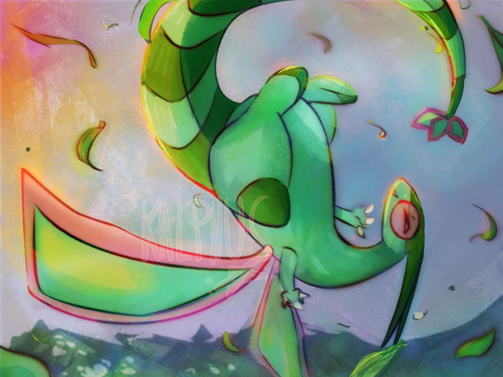 a flygon birsting through the trees with leaves all around it, a big smile on its face as the sun sets in the background