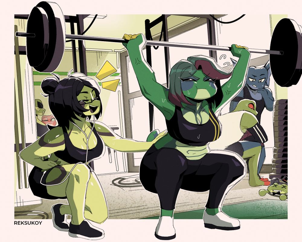 Reksu at the gym, knelt down and giving a reassuring pat on Estella's back as the latter frog does her best to lift up a heavy barbell. There are other frogs in the background, doing their own thing as well in the gym.