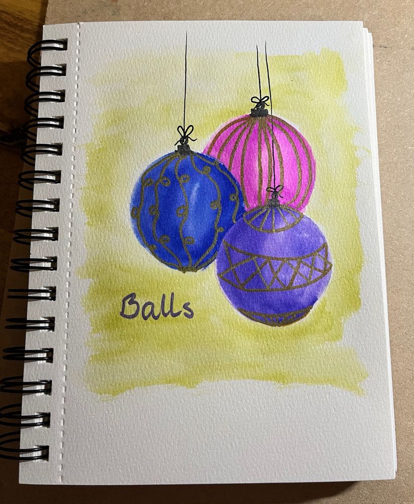 A watercolour picture of Christmas baubles with the caption “balls”.