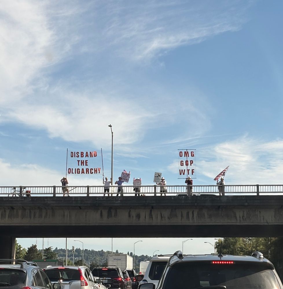 Protestors holding signs on an overpass. 