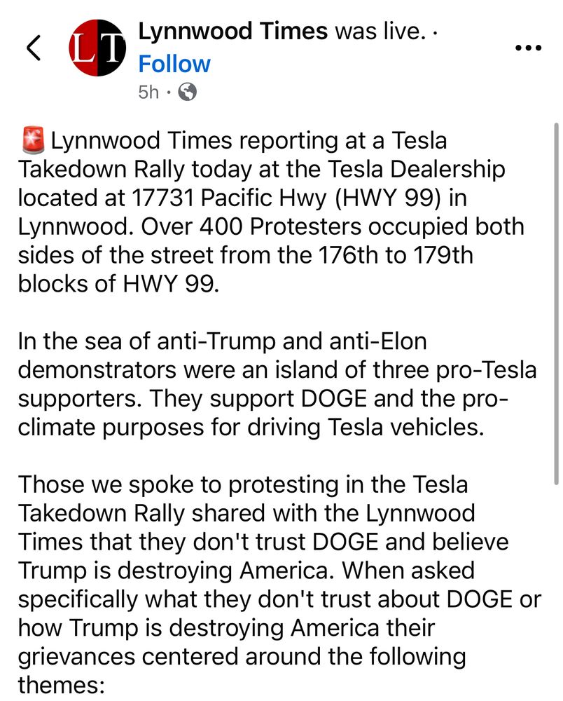 Lynnwood Times reporting on Tesla protest. Over 400 in attendance. 