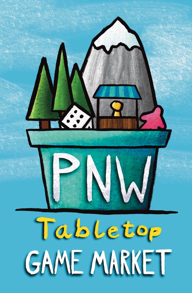 The poster/logo for the PNW Tabletop Game Market. It shows a blue plant pot above the title. In it there is a little toy market stall, a dice, meeple, evergreen trees and a mountain. 