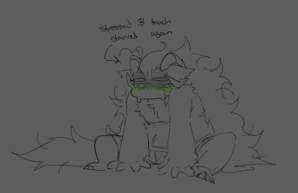 Quick sketch of my fursona sulking on the ground. It's blushing while looking zoned out and kinda distraught, sitting vaugley like a dog scooting its ass upon the floor, pathetic whelp of a creature that it is. Text above it's head says "Stressed and touch starved again". The background is medium grey.