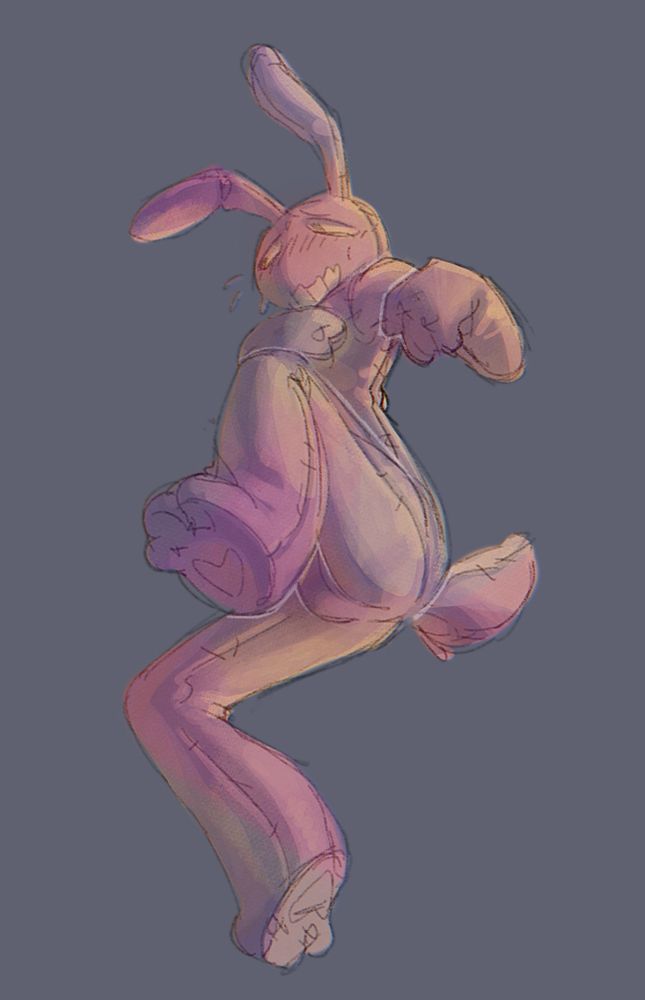 Fullbody of Jax from digital circus, but without clothing and made into more of a plushie than his normal design. He's laying on his side, hands up by his face, with one leg lifted presenting a null crotch. He has a nervous, blushing smile on his face.