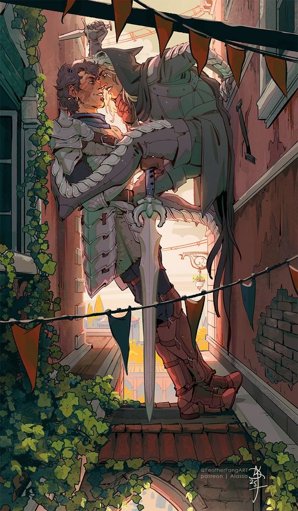 An illustration featuring Zevran Arainai and Warden Ulric Cousland from Dragon Age Origins sort of squished in -- what appears to be a second level of backalley?? SORT OF? Because this is how Zevran tells this story anyway. The whole scene is set into Antiva - so the architecture is stylized to look like Venice with the red and teal tones, white ledges and cracked walls. Ulric - the warrior with a massive scar on his face, is standing on some sort of convenient portal in the alley, leaning against the wall, while Zevran, the blond elven rogue dressed in a cape slid (or climbed? one never knows with Zev) down the alley and his holding himself up in between the two walls, dagger stabbed on one side above Ulric's head for leverage. Their faces are *very* close to each other, about to kiss, Ulric caressing Zev's chin playfully. The sun is lighting up Zev's hair. The alley is partly overgrown by ivy. In the foreground there are little ropes with little flags.
