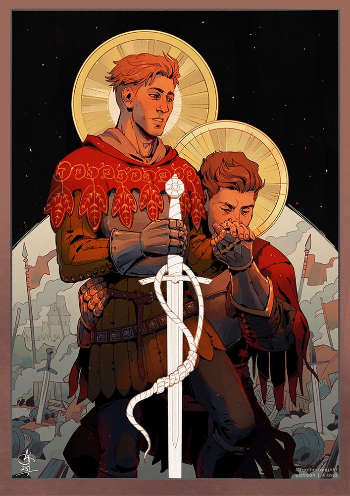 an illustration featuring Hans Capon and Henry of Skalitz from the game Kingdom Come Deliverance 2, Hans is standing in the front holding Henry's sword which has a noose around the grip. Henry is kneeling behind him, holding Hans and kissing Hans' bare hand
Both have medieval like halos around their heads
Behind them there's a background of a scene after a battle in cool colours in contrast with their warm colourscheme. Fallen soldiers on the ground, swords, smokes and flags.