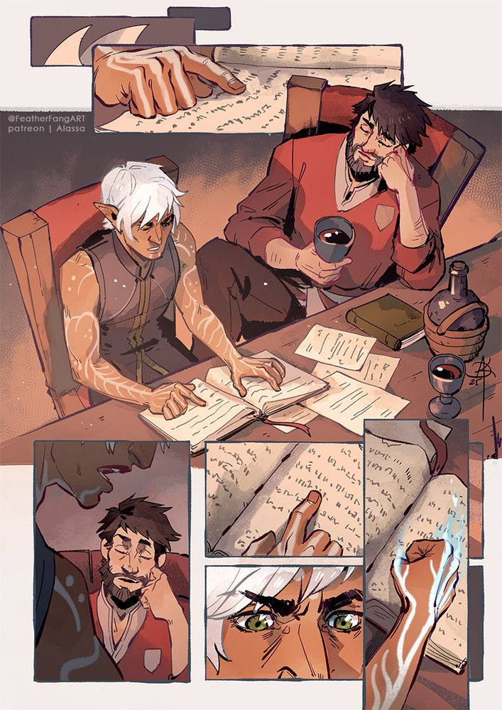 a comic page featuring Garrett Hawke and Fenris from Dragon Age 2 sitting at the table/desk with papers and books spread all over it
Hawke is completely relaxed
Fenris is learning how to read, growing increasingly frustrated
Clenching his fist, starting up his ghost powers
