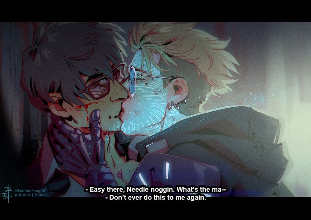 a fake screenshot like illustration of two men (Vash the Stampede and Nicholas D Wolfwood) kissing, Vash, his plantmarkings glowing, desperate about the bloody scratch on the Wolfwood's cheek, Tristamp versions