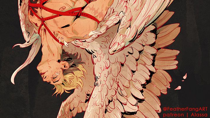 a preview of an illustration of Vash the Stampede from Trigun Maximum with his wings out, hanging in a red rope harness, chilling