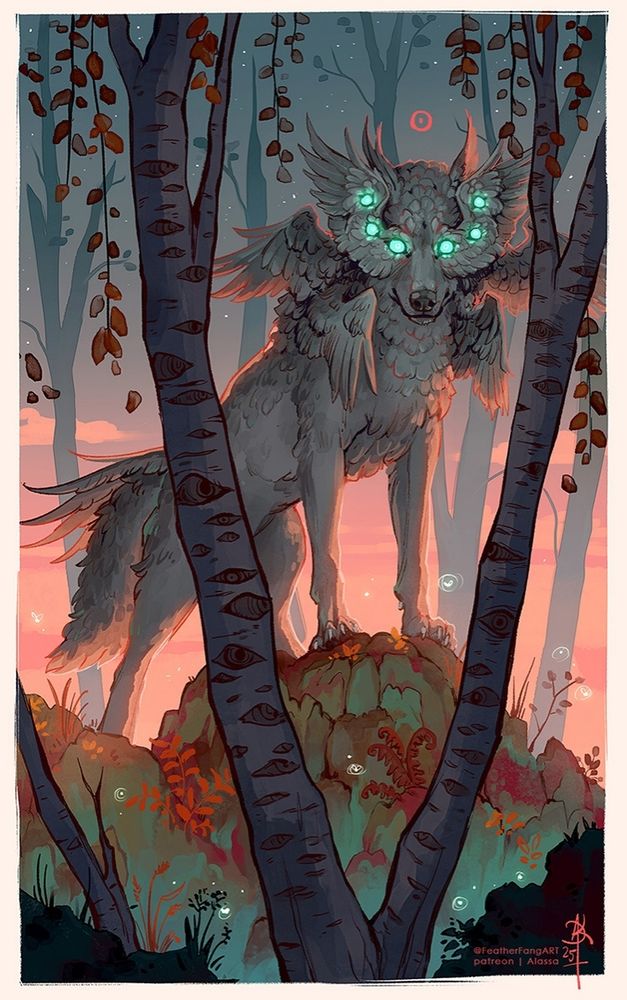an illustration featuring a wolf with multiple wings on its head, eyes in the pair of them. its standing in between birch trees the bark of which looks like it has eyes as well, the pink light of setting sun in the background