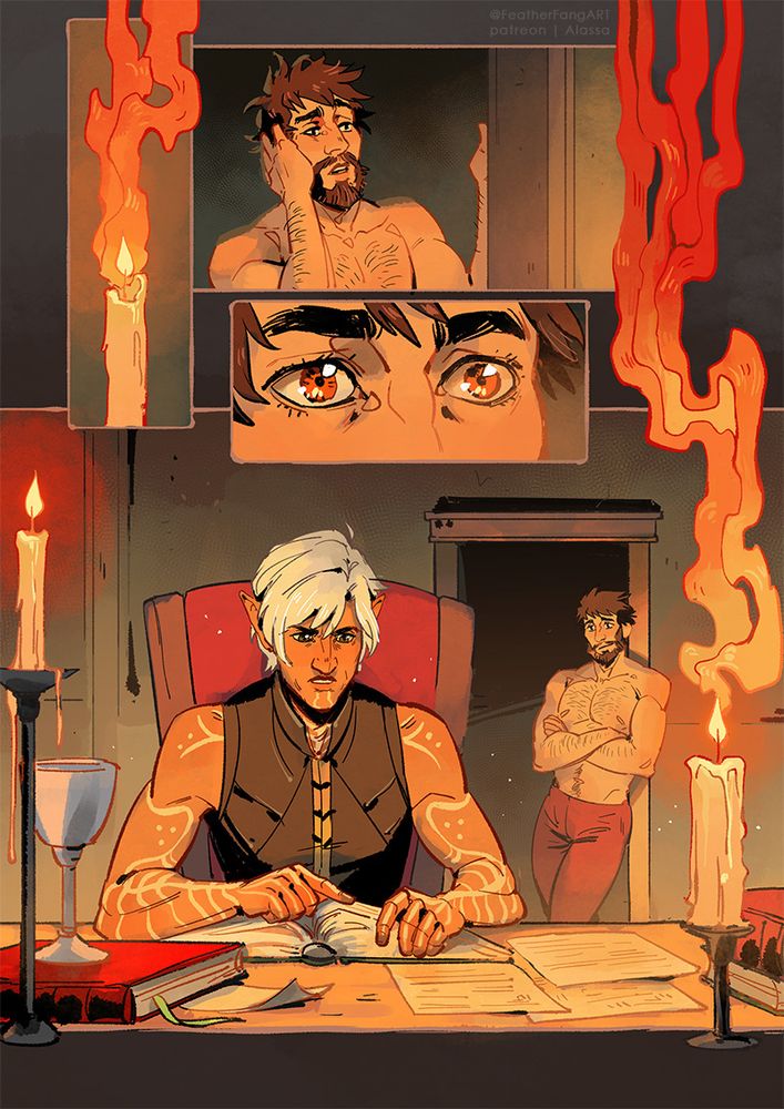 A sleepy Hawke w bed hair stumbles into the study all confused looking for Fenris who's back at the table, trying hard to read
Hawke proudly leans against the door frame watching Fenris with a fond smile
