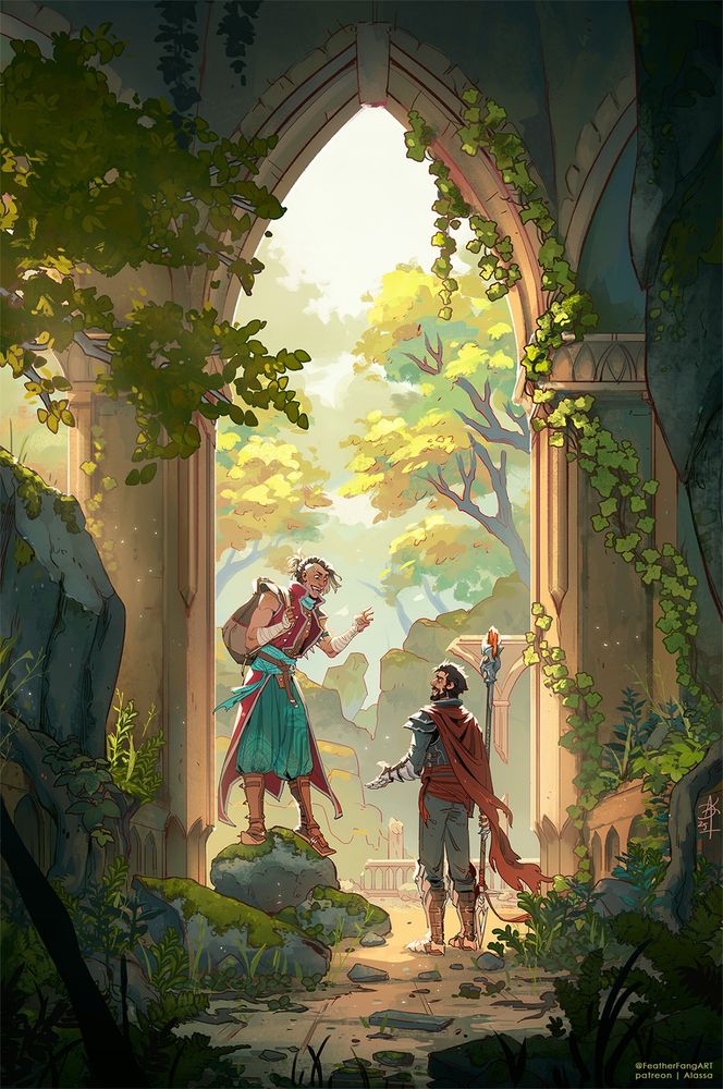 an illustration featuring two original characters Rafe and Zacharius (who belongs to @lesoldatmort ) set into the world of Thedas (Dragon Age), inspired by Emerald Graves map and the Temple of Mythal. The whole piece is a view from inside of some overgrown ruins, through a huge door in the shape of pointed arch. In the centre of it there are the characters talking about something. Rafe, an adventurer type, is standing on a rock looking down at Zach standing on the ground (like a normal person) while probably describing something wild to him. Zach is most probably offering some of his own input, but he's definitely not as excited about it as Rafe. Amused more like.

Around them there are broken statues, lots of rocks, fern, plants, behind them there's a view of even more ruins and forest in the background.