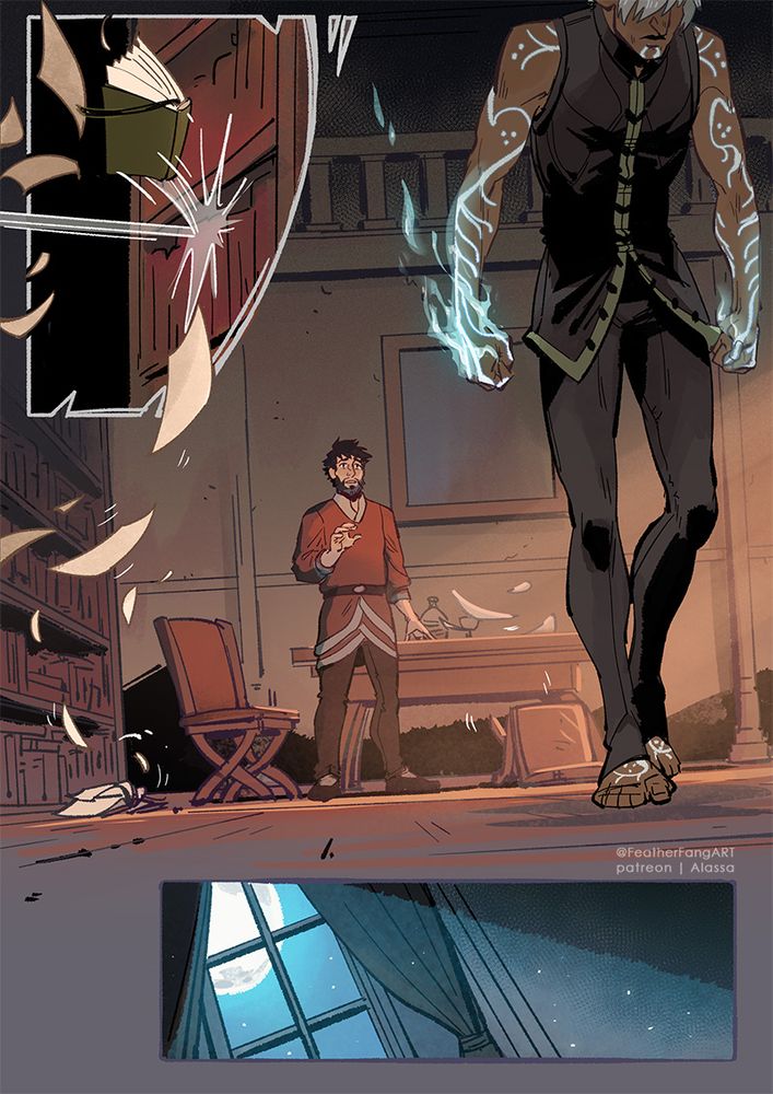 A panel of a book flying through the air until it smashes into a bookcase
Fenris in the foreground leaving the scene with a confused Hawke behind

last panel shows moonlight coming into the bedroom