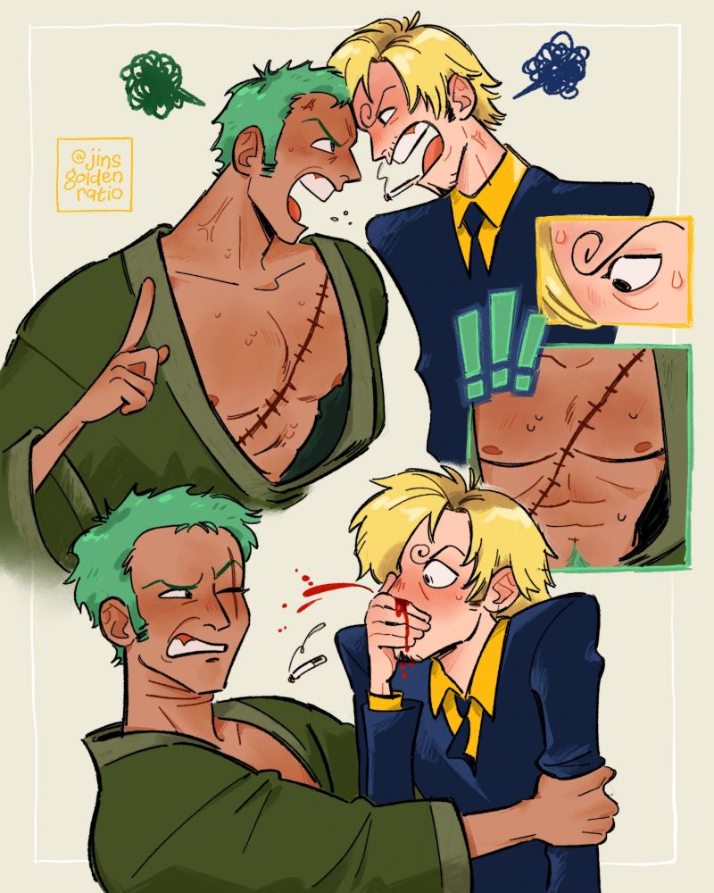 comic of Zoro and Sanji headbutting and yelling at each other. sanji's gaze travels downwards and sees zoro's chest which immediately gives him a nosebleed. Zoro is holding him away at arm's length looking disgusted.