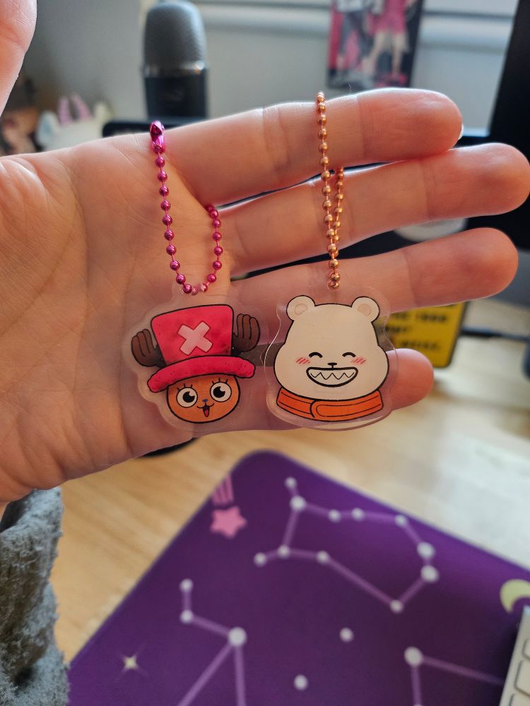 photo showing acrylic keychains of chopper and bepo smiling