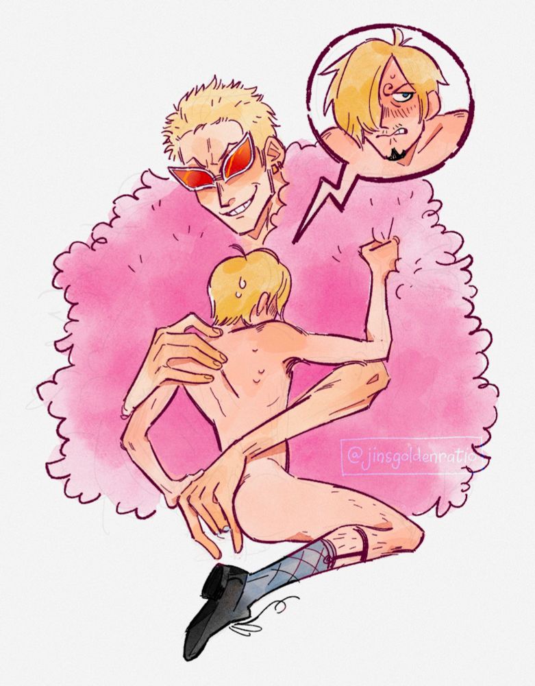 drawing of sanji nude except for shoes and socks, with his back to the viewer gripping doflamingo's coat, doflamingo's hands gripping him. there's a bubble of sanji's face; he's blushing and biting his lip.