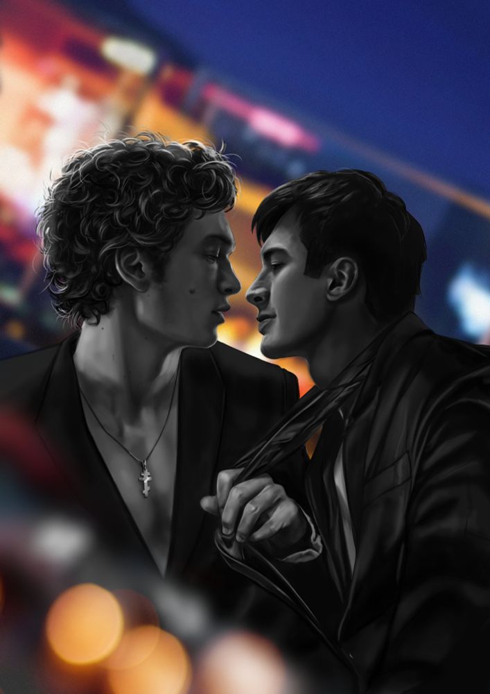 ilya rosanov and shane hollander, two characters from 'Heated Rivals' about to kiss against the background of vegas at night. 