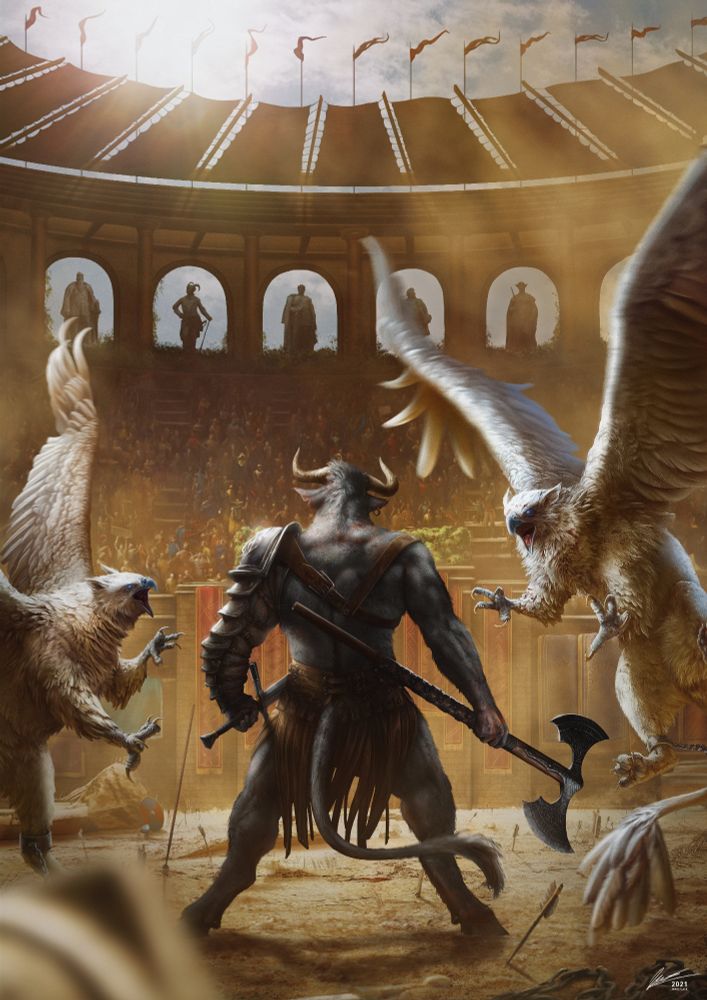 This was going to be the cover for a DND Gladiatorial combat supplement that someone was making, along with a handful of other monsters i did. This was mental though, i went all out, hand painting the crowd and going nuts on the Arctic Griffins. I still; really enjoy it, but it was very much a labour of love for what i got paid. I'd love to attempt a larger picture like this in the future, but i just never seem to have the time or energy. 

