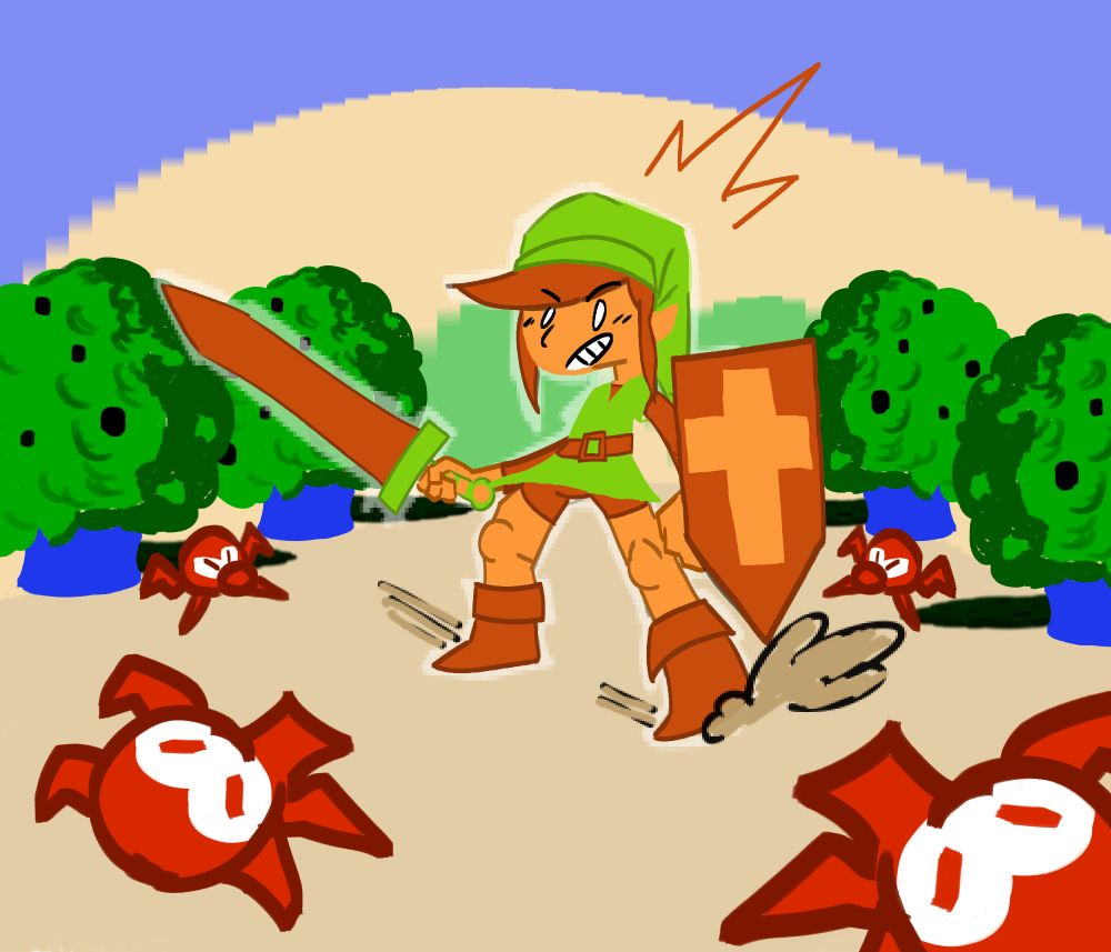 link from the legend of zelda (nes) surrounded by octorok enemies, the color palette references the look of the original game