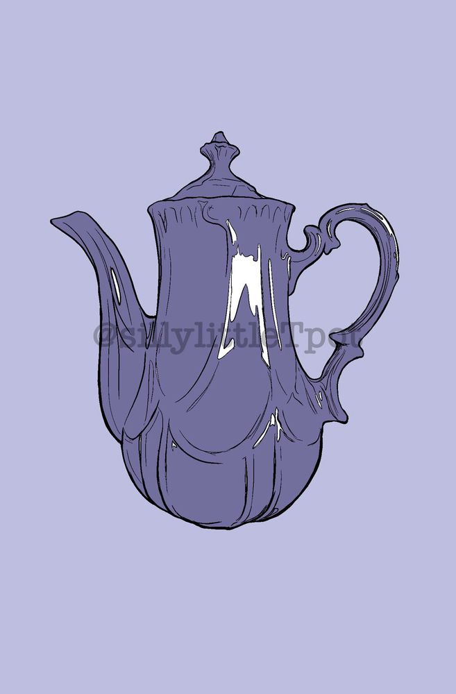 Digital illustration of a muted deep purple, tall teapot with art nouveau style decorative features on a pale lilac colored background 