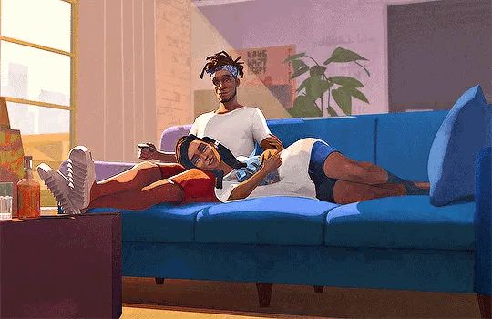 A gif of two black animated characters relaxing on a couch; the woman has her head on the man’s lap.