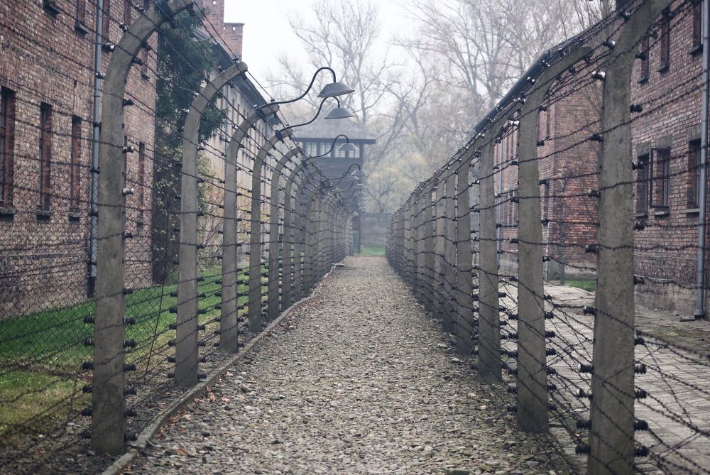 Barbed wire fencing in between buildings at Auschwitz Birkenau concentration camp