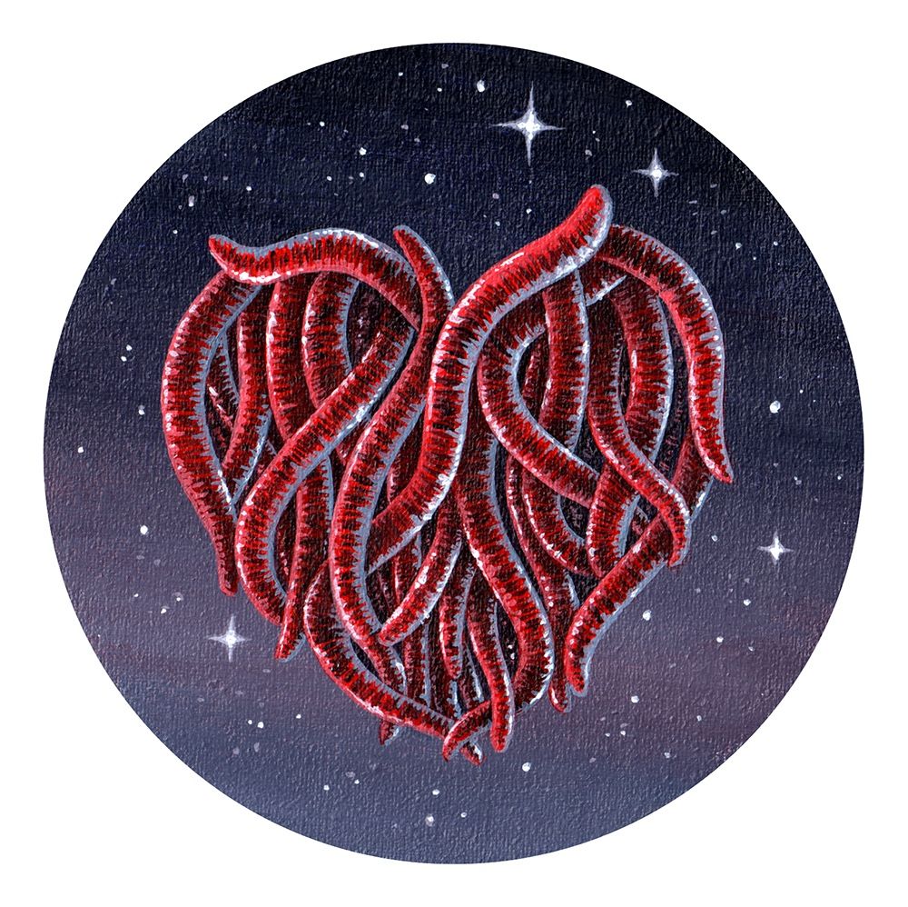 acrylic painting of heart made of worms with a starry background 