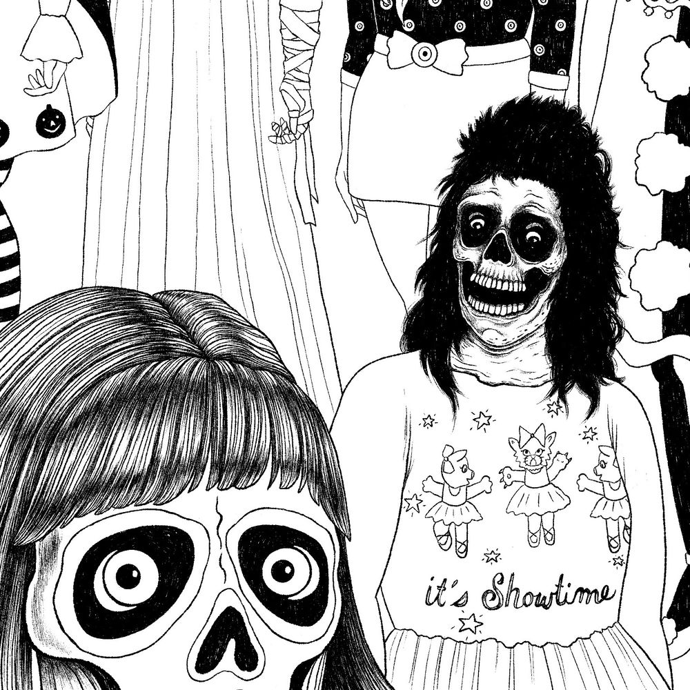 close crop of a black and white drawing in progress featuring people wearing zombie and skull masks 