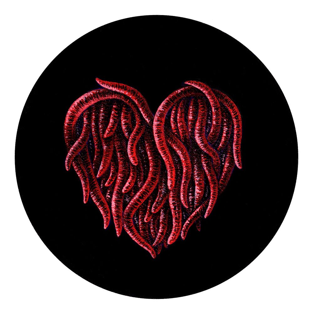 acrylic painting of heart made of worms with a black background
