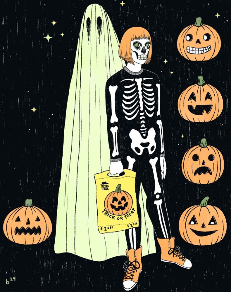 digital drawing a skeleton lady and a ghost 