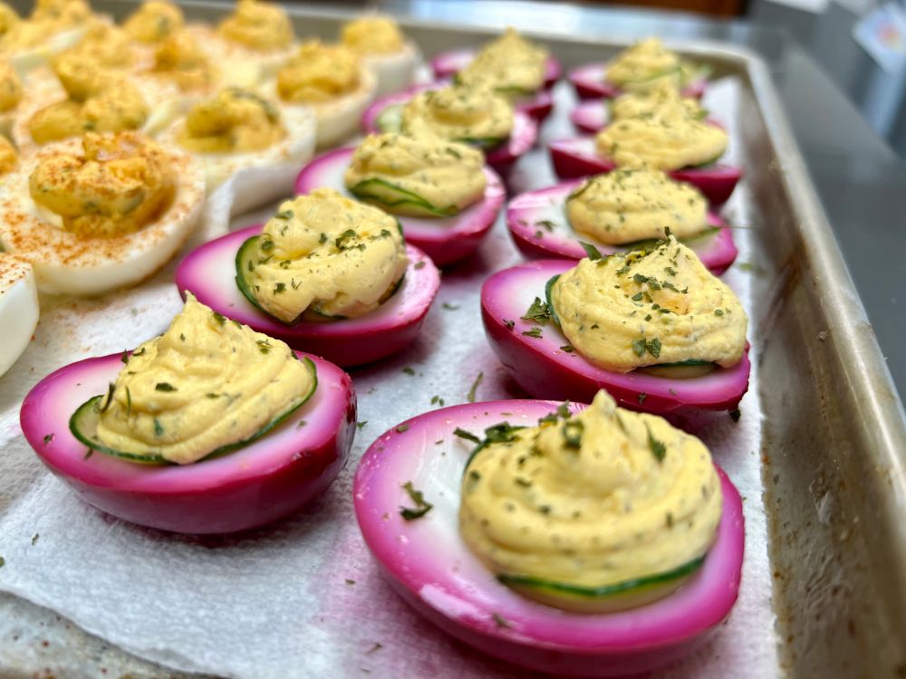 Pickled beet marinated for the fun Easter purple color w/mandolined cucumber, dill, ranch powder, & goat cheese