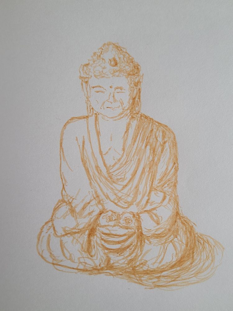 An ink sketch of a rather muscular Korean Buddha rupa done with Diamine Tobacco Sunburst ink. He is seated in Lotus posture with hands in the diamond mudra. May all who see this experience joy and calm.