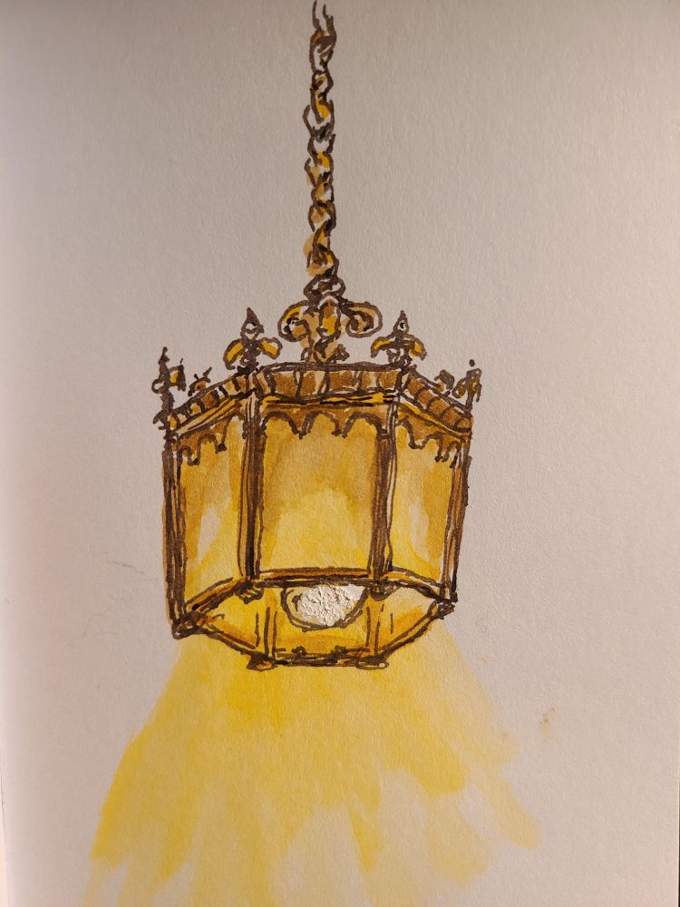An antique octagonal brass lamp hangs on a chain. May there be light and love in the days ahead 🙏