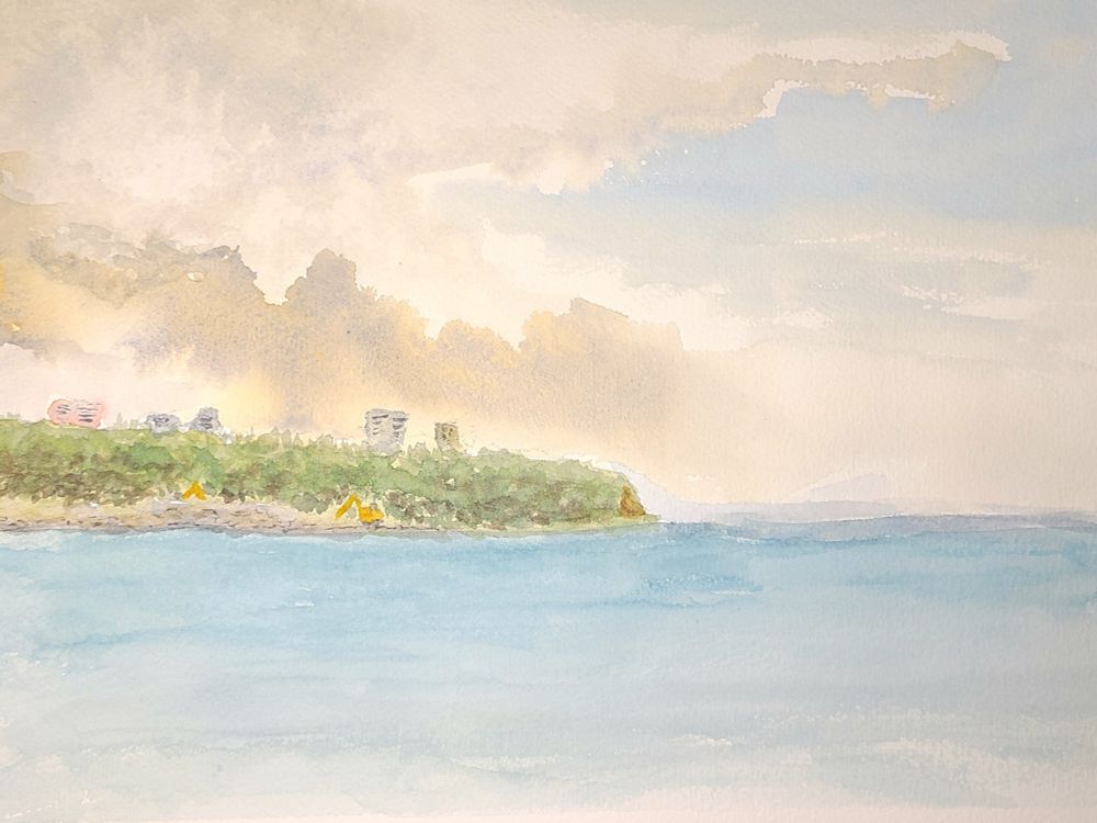A watercolour landscape. Water fills the lower third. A ahorelibe emerges from the right with some high-rise buildings peeking above the trees. Dark clouds picking up some yellow from the sun emerge from the left along the lake's edge. May all beings be free.