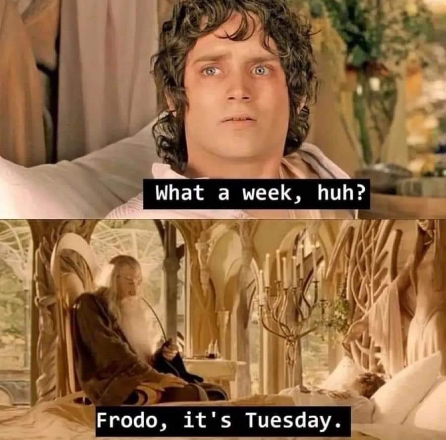 First image - Frodo awakens in Rivendell, stating “What a week, huh? 
Second image - Gandalf beside him at his bedside taking a long drag on his pipe, “Frodo, it’s Tuesday.”
