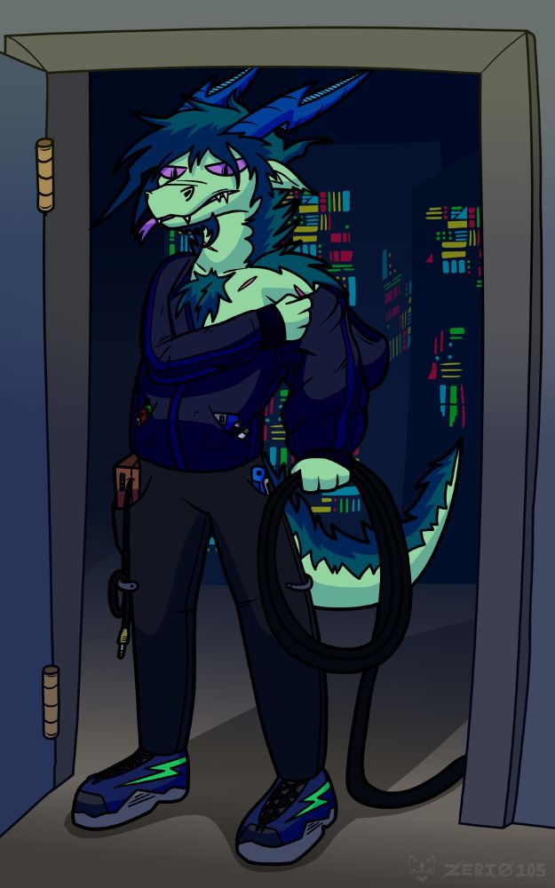 A pale green dragon with unkempt darker green hair, and blue horns carved in the shape of thunderbolts. He's exiting a dark server room holding a long roll of cables and putting his tracksuit on, sneering at the camera in a threatening manner.