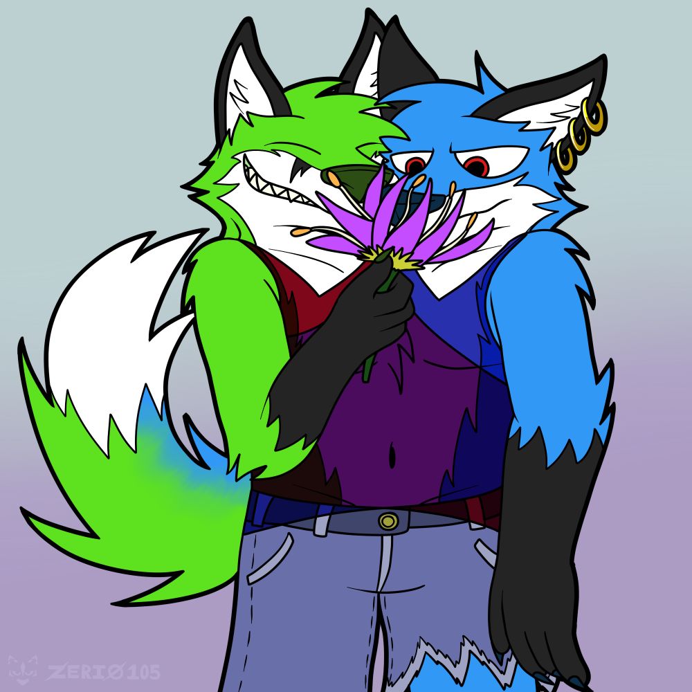 Shiro (blue) and Kenchi (green), two-headed fox brothers. They are wearing overlapped transparent red and blue tanktop shirts and jeans with one leg torn to be shorter. Kenchi is smiling and holding a large purple flower up to Shiro's face, who seems perplexed and slightly amused by it.