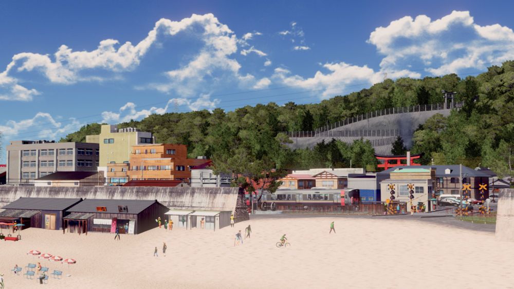 CitiesSkyliensより 砂浜と鉄道