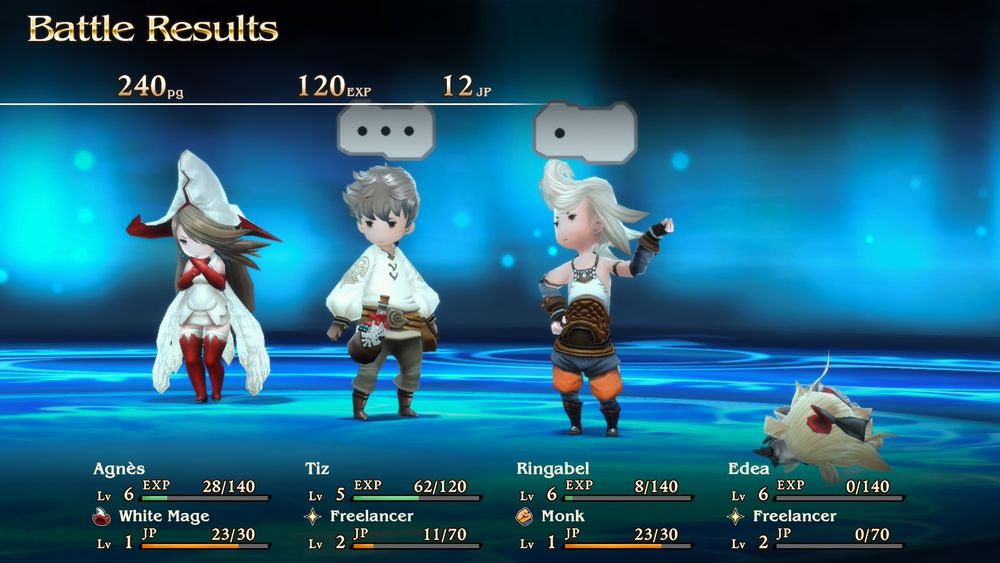 Victory screen of bravely default, with Edea dead on the ground