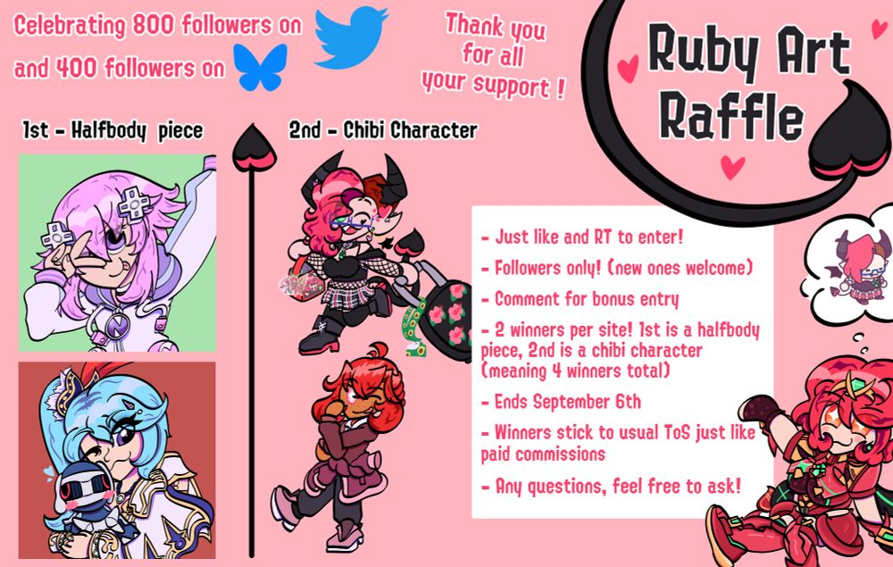 Art raffle image, with example of 1st place halfbody prizes and 2nd place chibi characters! 
Followers only need to like and repost to enter, with comments granting a bonus entry