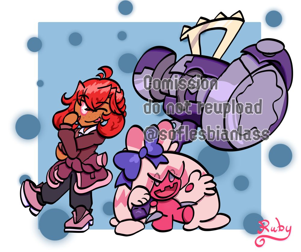 art of commissioners oc scarlet stretching with her tongue stuck out in a cheeky manor. Accompanied by a Pokemon, a tinkaton to be exact, doing a similar pose 