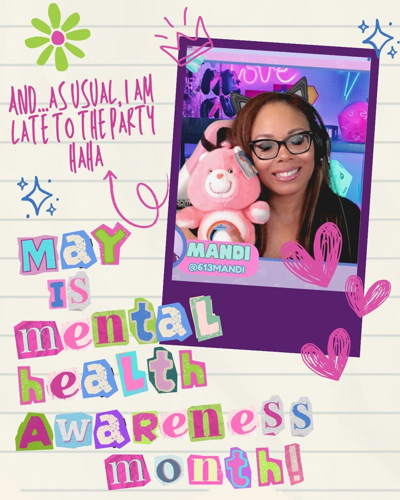 A photo of me hugging a care bear. The poste says May is Mental Health Awareness Month.