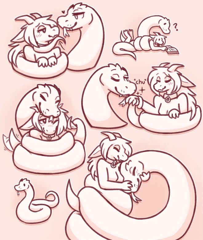 a kobold girl and a big snake snuggling, with the snake wrapping her up in their coils affectionately in different ways