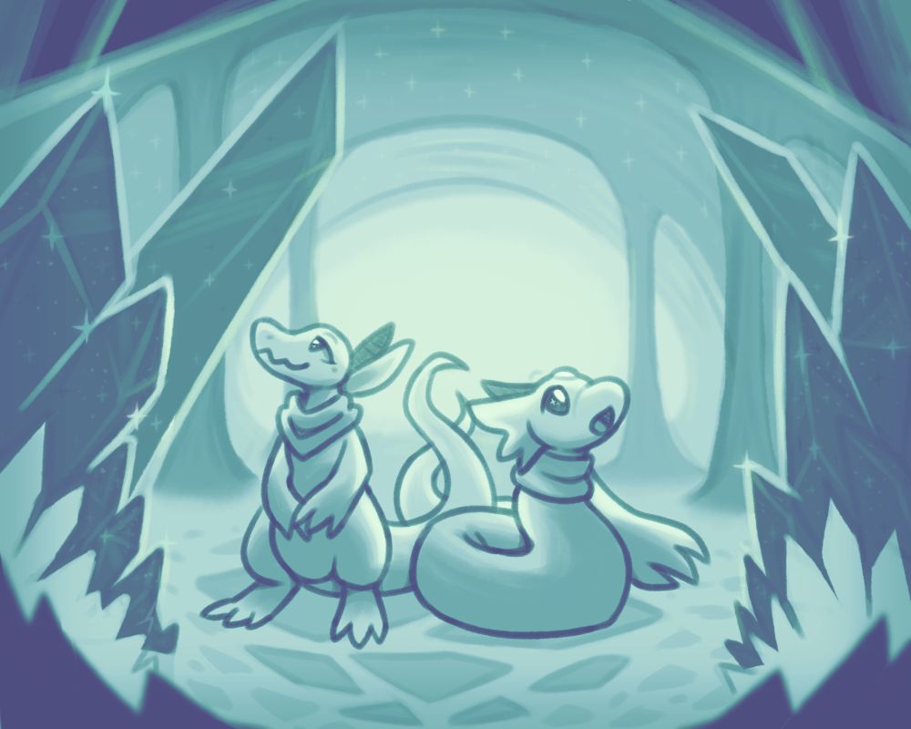 rena and isyd, a salandit and a dratini, marveling together at the sight of a cave full of glimmering crystals, they look happy. the piece is in a green-cyan-blue-purple color scale.