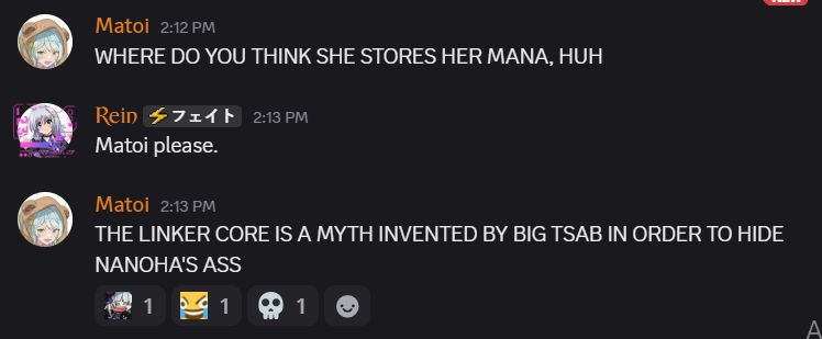 Matoi — 2:12 PM
WHERE DO YOU THINK SHE STORES HER MANA, HUH
Rein

 — 2:13 PM
Matoi please.
Matoi — 2:13 PM
THE LINKER CORE IS A MYTH INVENTED BY BIG TSAB IN ORDER TO HIDE NANOHA'S ASS