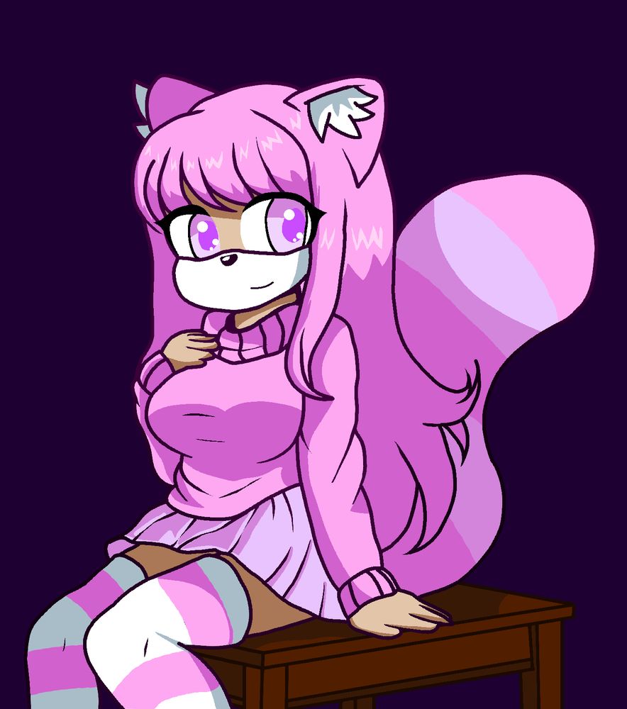 Art of my sona, Blossom. She is a raccoon that wears a pink sweater and lavender skirt, with white and pink thigh-highs.