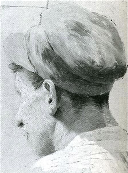 Black and white oil sketch of a man's head, viewed from the back with partial profile. The man is wearing a cap with a short brim over his face, and a light shirt. 
